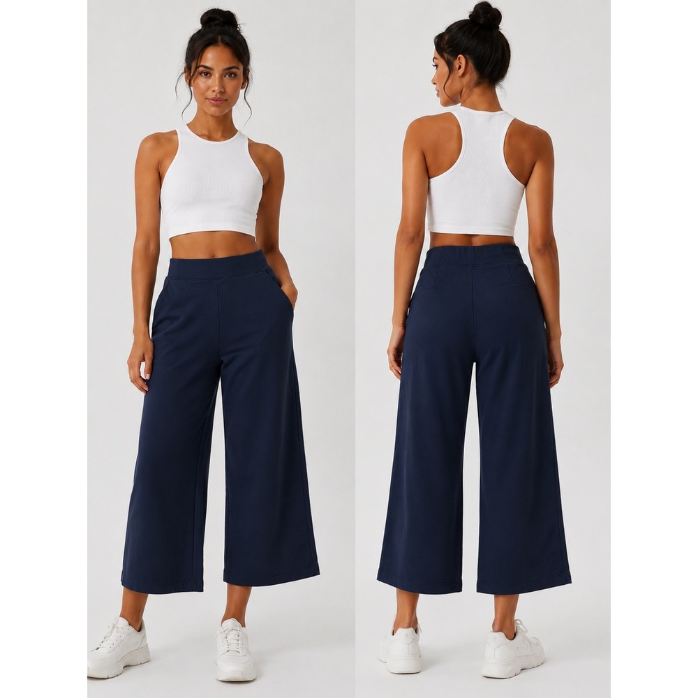 COS‎ Cropped Pants Womens Small Blue Wide Leg Jersey Knit High Rise